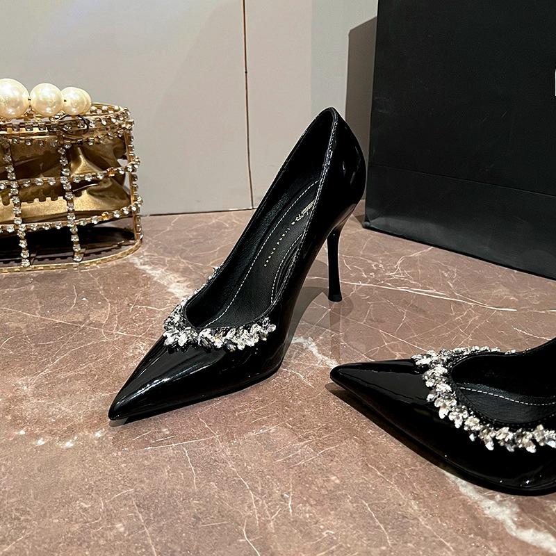 Rhinestone Trim Pointed Toe Thin Heel Single Shoes Feminine Feeling French Shallow Mouth High Heels Temperament Wedding Shoes