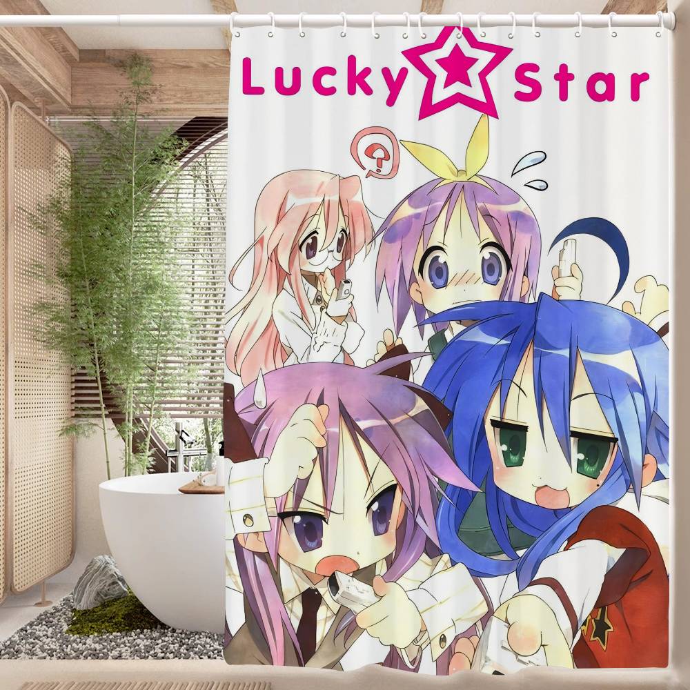 Popular Anime Cute L-Lucky Stars Polyester Shower Curtain Waterproof Rust Resistant Grommet Easy Care Wipe Clean Durable