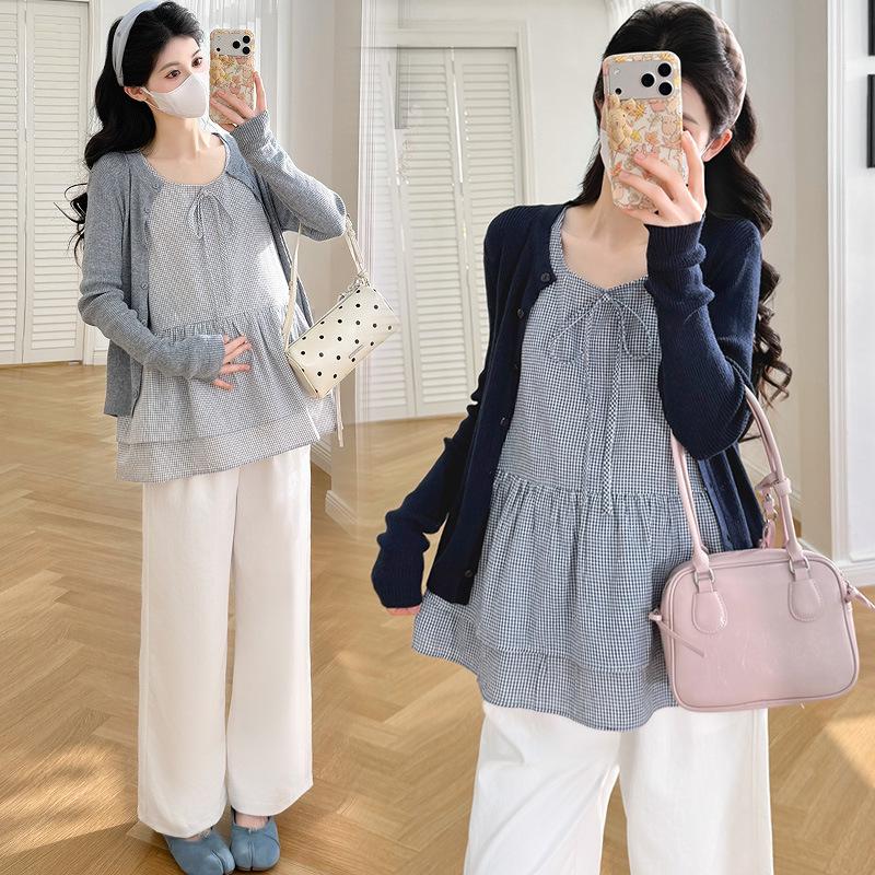 2026 Spring Knit Cardigan & Bow Plaid Vest Maternity Set - Korean Style Medium