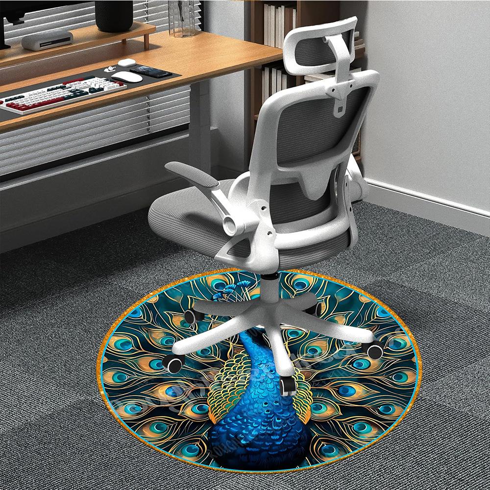 1pc Peacock Feather Art Chair Carpet for Office, Round Non Slip Durable Large Size Office Carpet, Suitable for Office