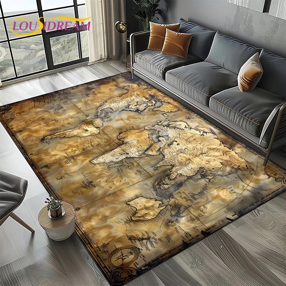 2025 Retro Ancient Nautical Chart Kraft World Map Compass Carpet Rug for Living Room Bedroom Sofa Decoration,Non-slip Floor Mat