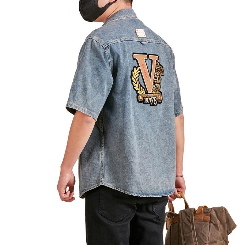Denim Embroidered Short-sleeved Shirt for Men's Spring New Men's Jacket Casual Student Shirt