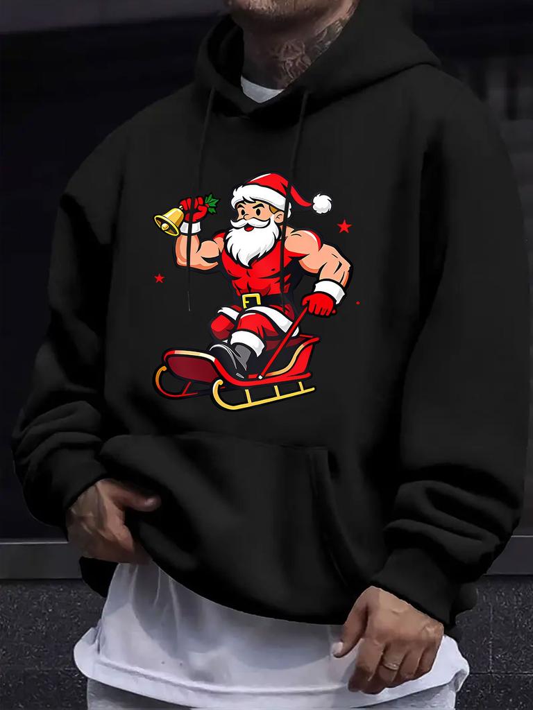 American Western Style unisex Autumn Winter Print Hooded Long Sleeve Sweatshirt, Santa Claus Sleigh Print Hoodie, Fun Festive Trendy Clothing, Soft -F