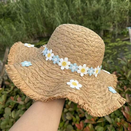 Yousheng Versatile Beach Hat, Lace Tie Straw Sun Hat with Windproof Flower Strap, Lightweight Breathable Summer Travel Hat