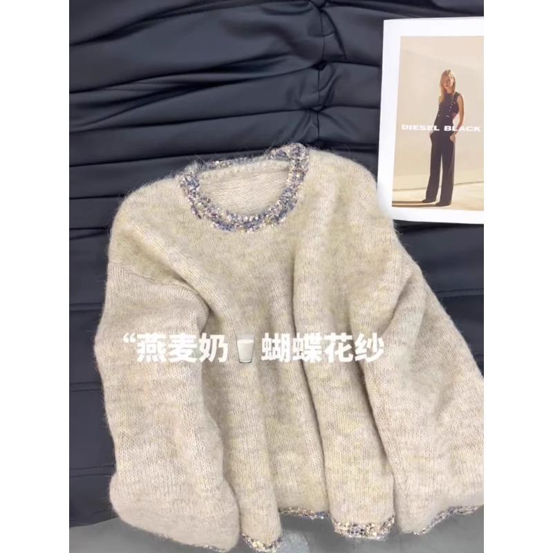 Design Sense Heavy Industry Beaded Mohair Soft Waxy Sweater Women's Autumn and Winter New Lazy Wind Crew Neck Knitted Sweater Top