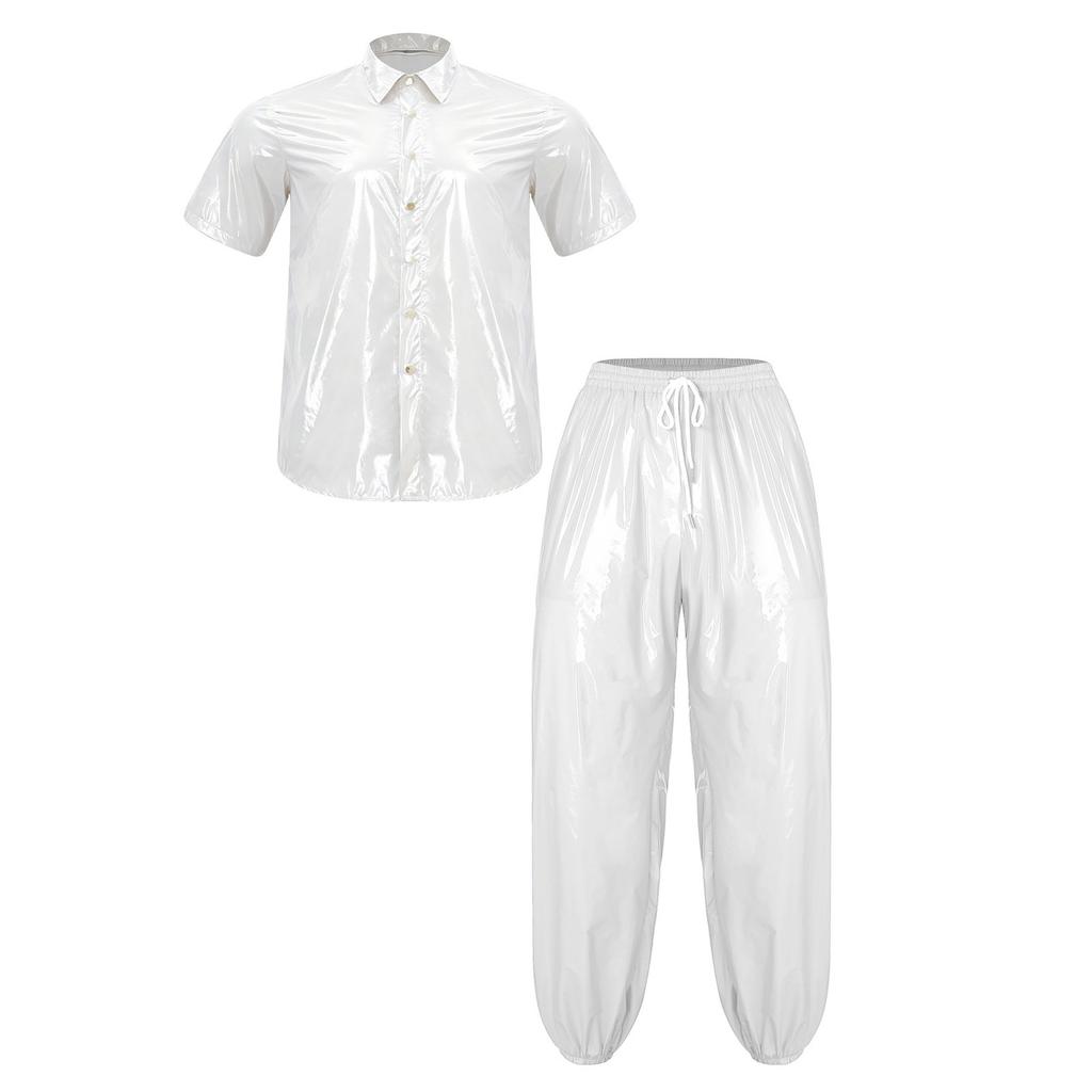 S-3XL Men Waterproof Tracksuit Short Sleeve Front Button Lapel T-Shirt with Elastic Waistband Jogging Pants for Sauna Sweat Rainwear