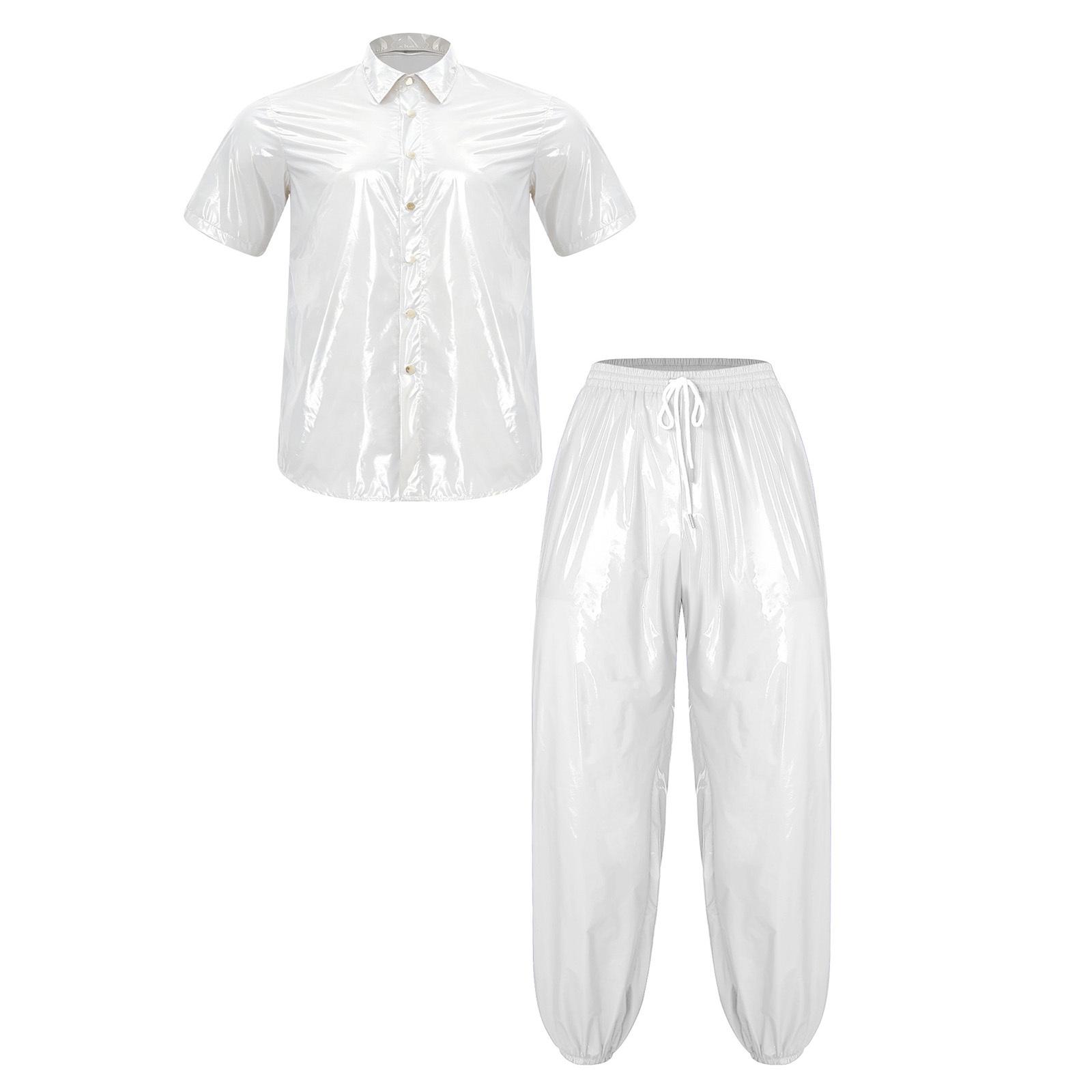 

Men Waterproof Rainwear Short Sleeve Button Lapel Tracksuit Shirt Elastic Waistband Jogging Pants Sauna Sweat Outfit S білий