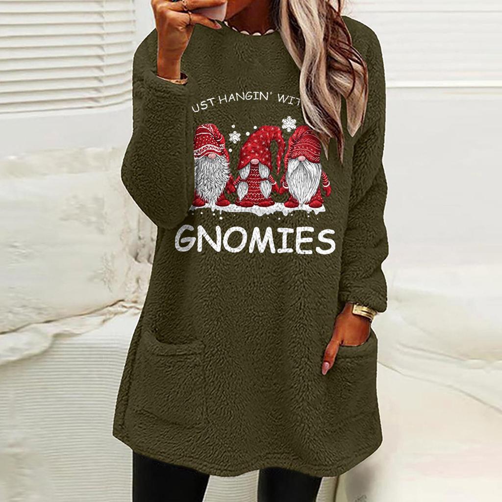 European & American Women's Dwarf Letter Print Plush Hoodie - Round Neck, Loose Fit, Long Sleeve, with Pockets