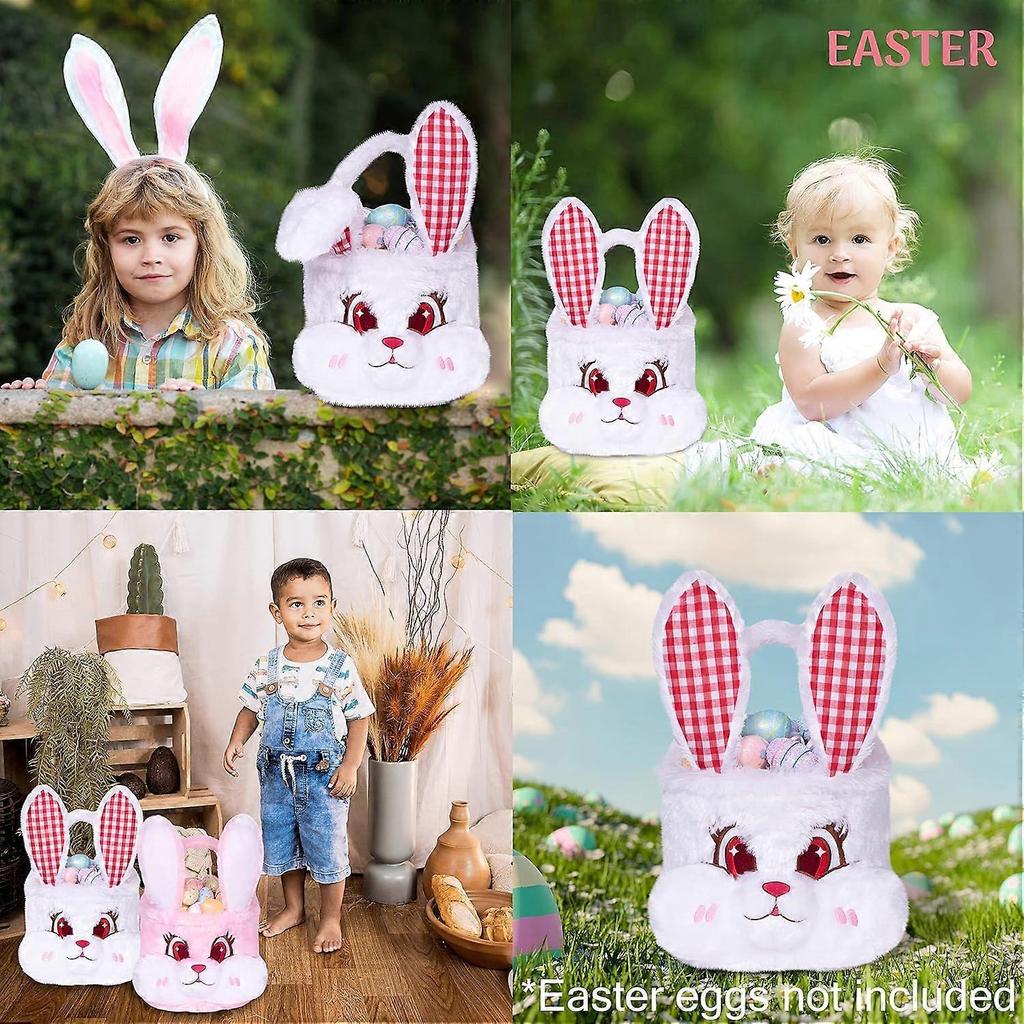 3D Cute Plush Egg Hunt Basket for Boys, Foldable Ears, Handle, Easter Candy Collection, Soft Material