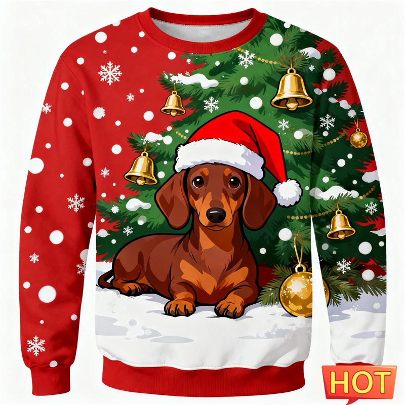 2026 New Dachshund Graphic Ugly Christmas Sweater Fashion Cute Dog 3D Printed Xmas Sweatshirts Loose Breathable Unisex Pullovers