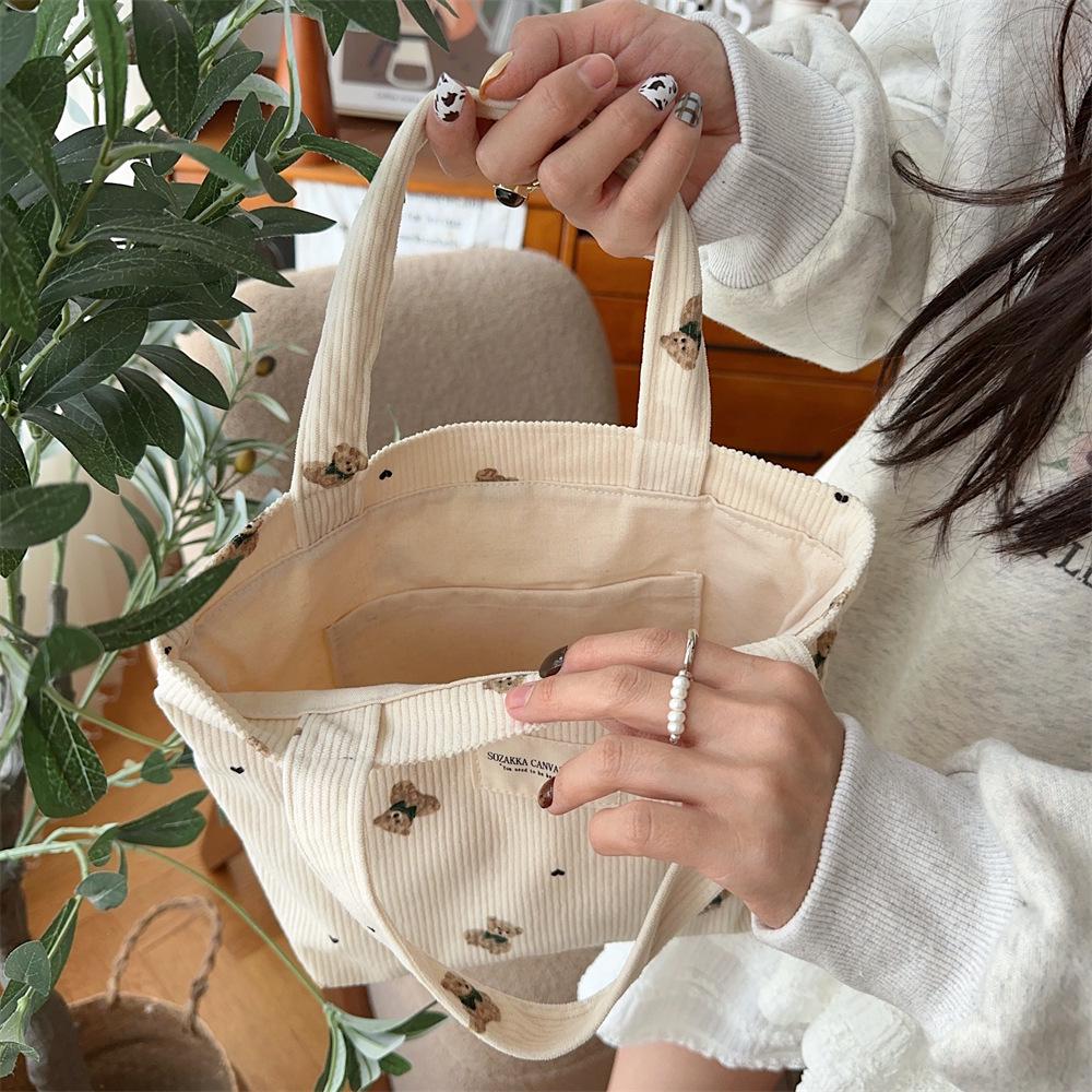 Corduroy Bear Handbag for Women, Outer Carry Bag, Lunch Bag, Student Small Lunch Box