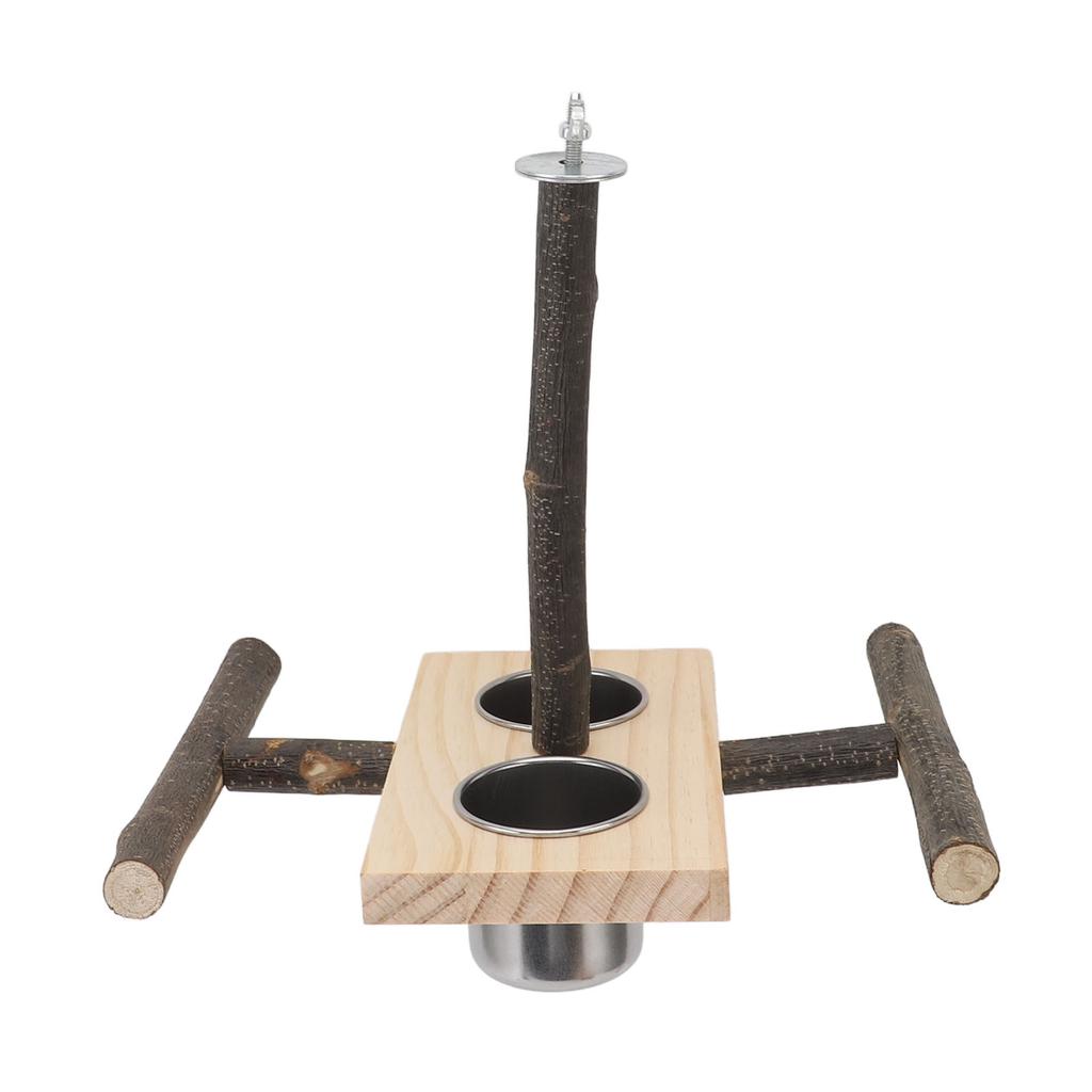 Wooden Perch Stand Hanging Bowls Bird Food Stainless Steel Cups Wood Perch Stand Hanging Feeder