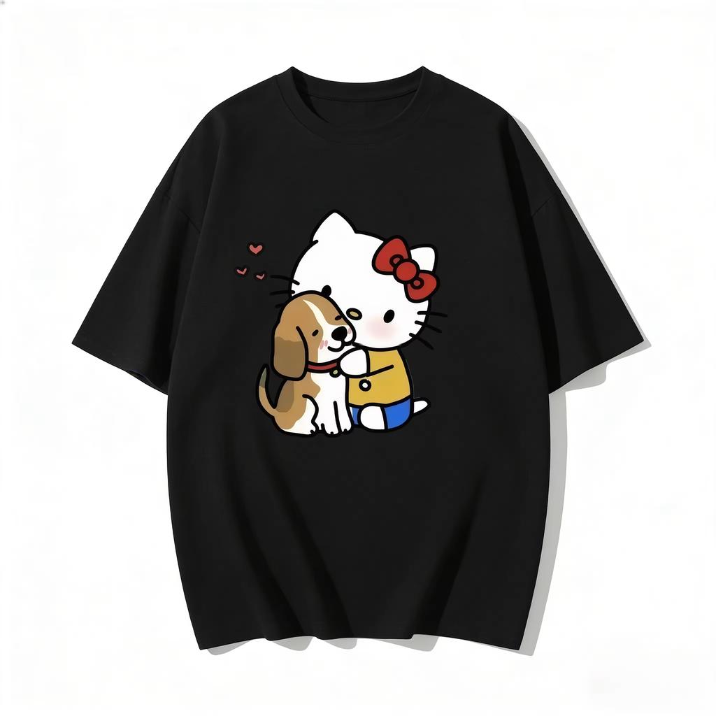 2026 New Summer HelloKitty Cute Graphic Tee Casual Short Sleeve Cotton Top for Women Girls Kawaii Cartoon Print Streetwear