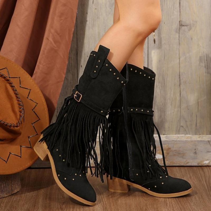 Fashion Large Size Tassel High Boots Women Autumn and Winter New Thick Heel Rivets Fashion Motorcycle Boots Women