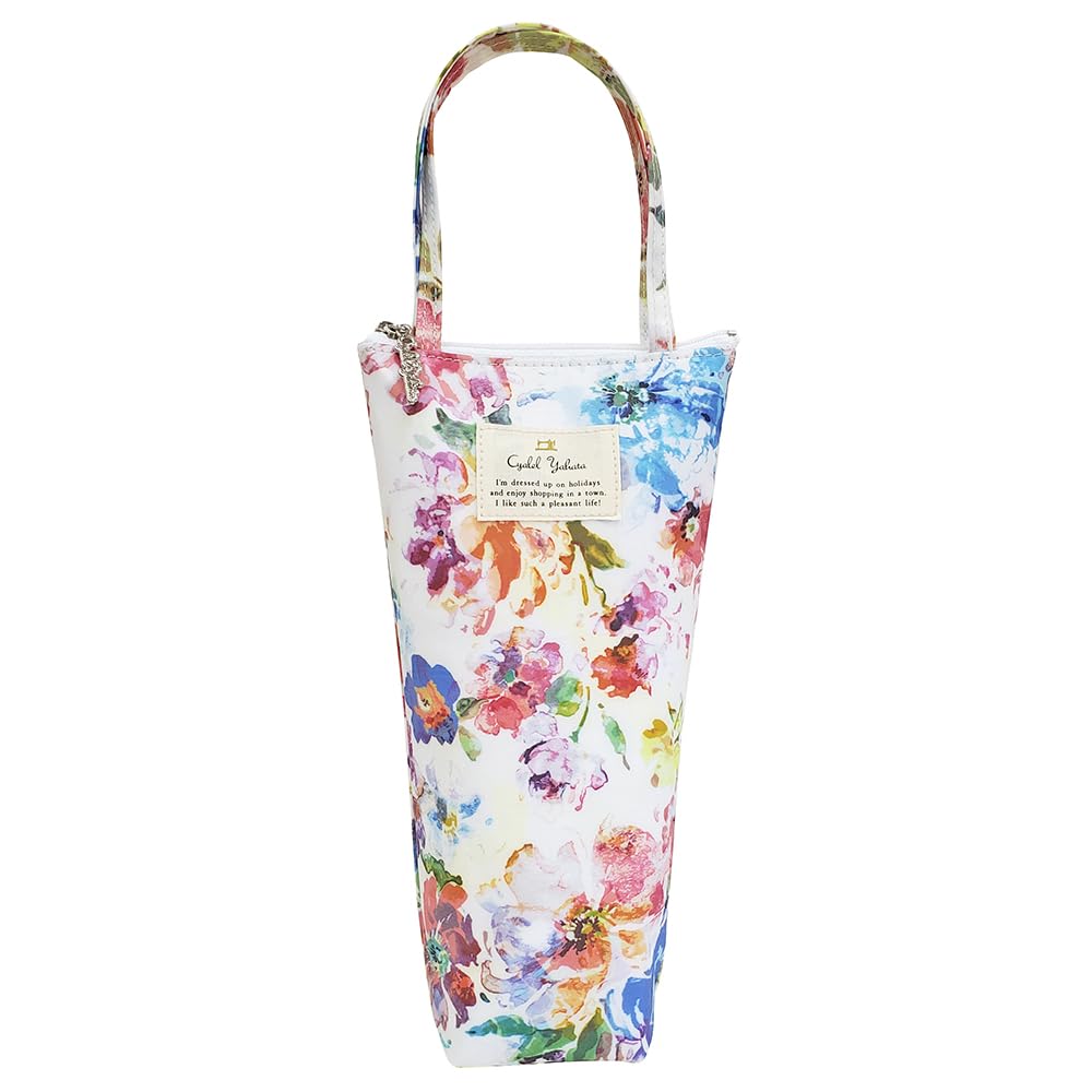 

Stylish and cute water bottle cover, vertical bag, keeps cool and warm, perfect for travel. Made in Japan by Royal Piany. LC floral print. White.