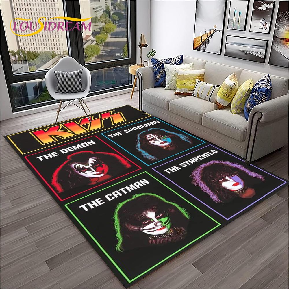 Retro Koberec KISS Rocková Kapela pro Domácí Obývací Pokoj Ložnici Hernu Pohovku Kuchyňskou Rohožku Dekor, Dětský Koberec Protiskluzová Podložka na Podlahu