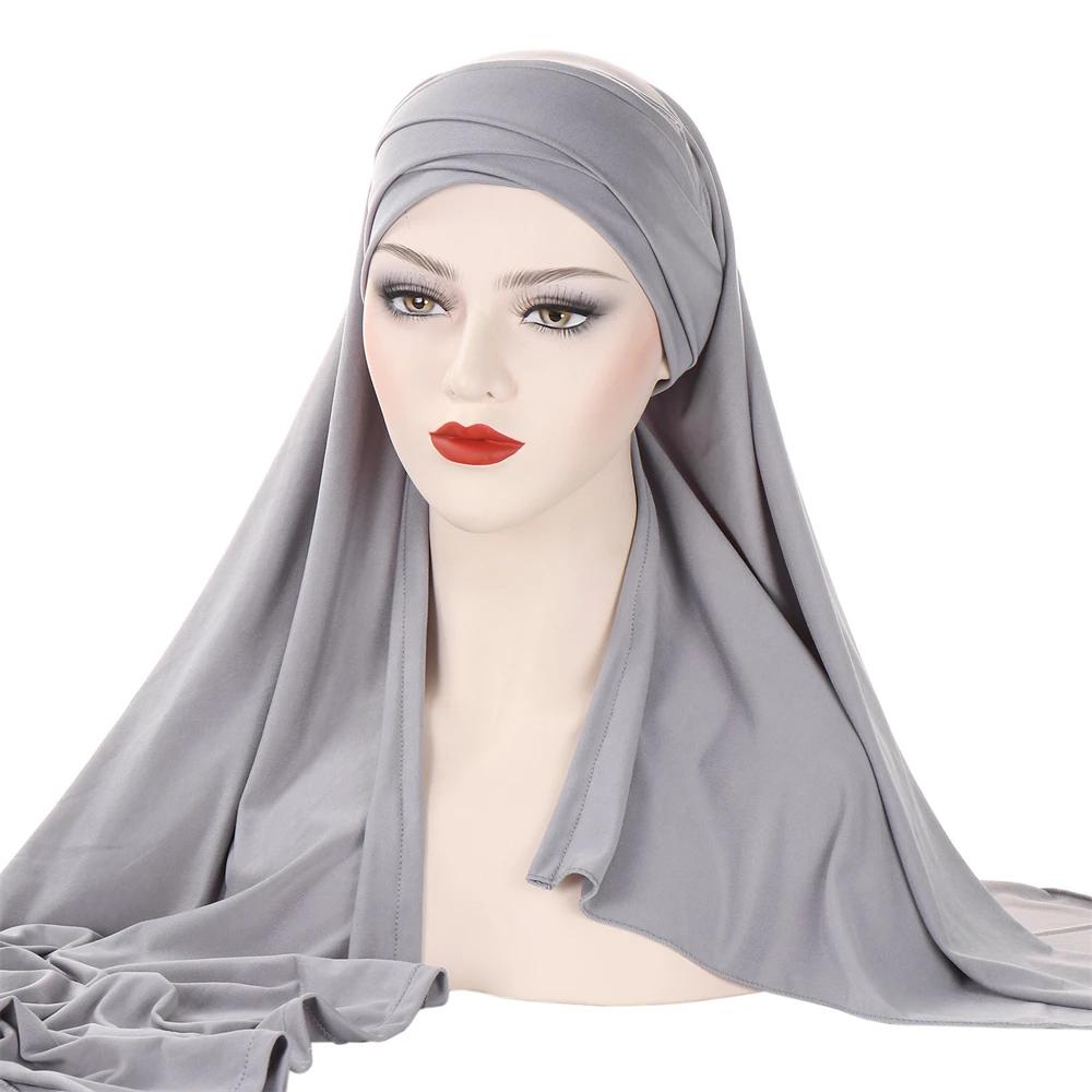 Muslim Women Long Scarf Pull On Ready Wear Instant Hijab Chemo Cap One Piece Amira Head Wrap Turban Femme Shawl Bandanas Scarves