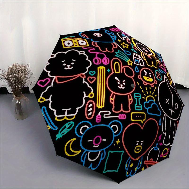 1pc BT21 Merchandise Automatic Folding Umbrella, Portable Collapsible Design, 8-Rib Iron Frame, All-Season Casual Outdoor Accessory for Christmas Birt