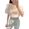 Large Size Women's Summer Hollow Lotus Leaf Petal Collar Loose White Casual Short Sleeved T-shirt