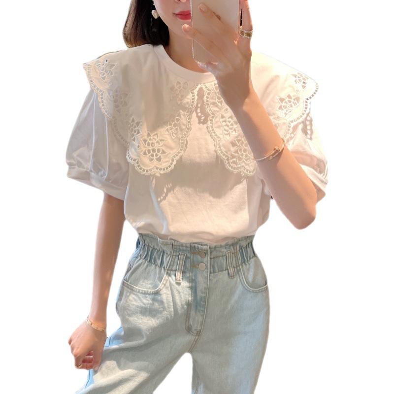 Large Size Women's Summer Hollow Lotus Leaf Petal Collar Loose White Casual Short Sleeved T-shirt