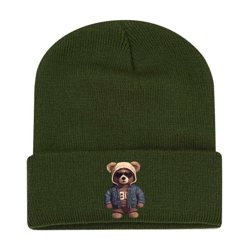 European and American New Autumn and Winter Hats, Women's Bear Printed Knitted Hats, Sleeves, Outdoor Warm Wool Hats, Men