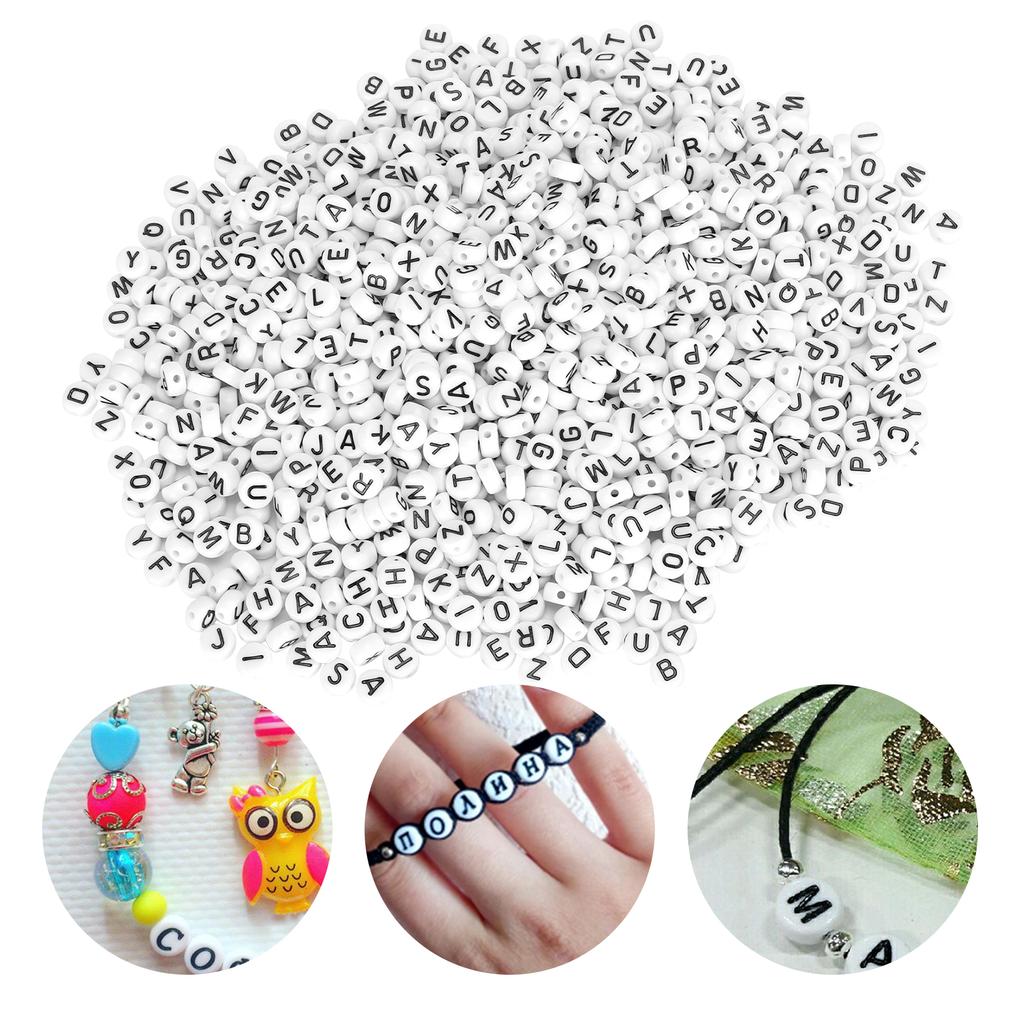 1000Pcs White Beads Black English Alphabet Bead DIY Acrylic Round Jewelry Clothing Accessory