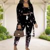Women Plus Size Purple Butterfly Printed Long Sleeve Open Front Cardigan Crop Top Long Pants Three Piece Set