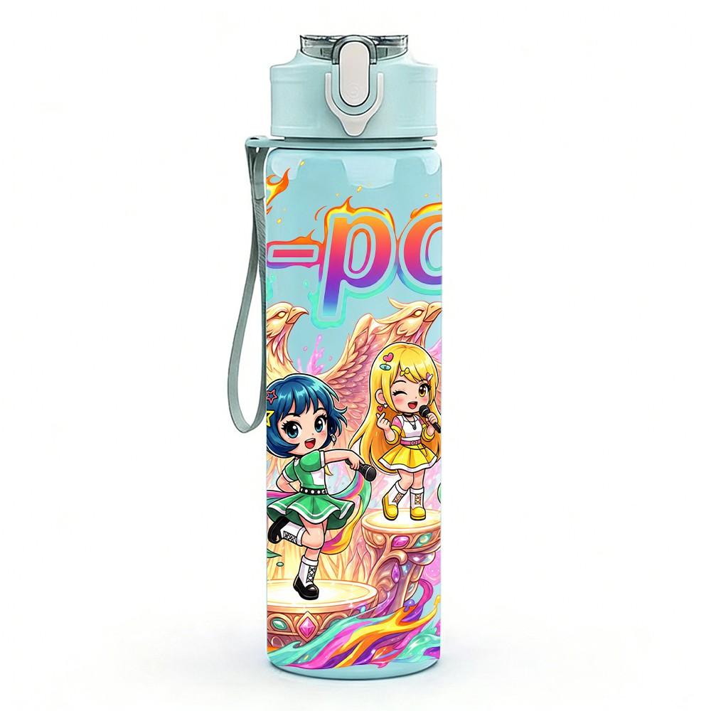 1PC Kpop Pastel Girls Cartoon Pattern 750ml Color Plastic Sports Water Bottle Leakproof Flip Straw Lid Suitable for Sports Office Home Use