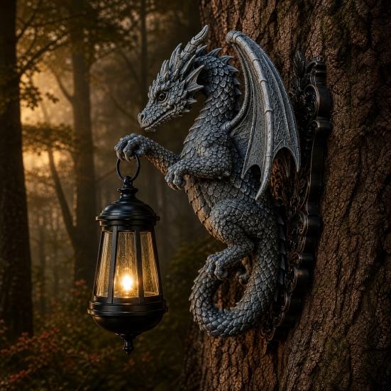 Solar Dragon Wall Light Vintage Resin Outdoor Dragon Sculpture Lamp Waterproof Gothic Garden