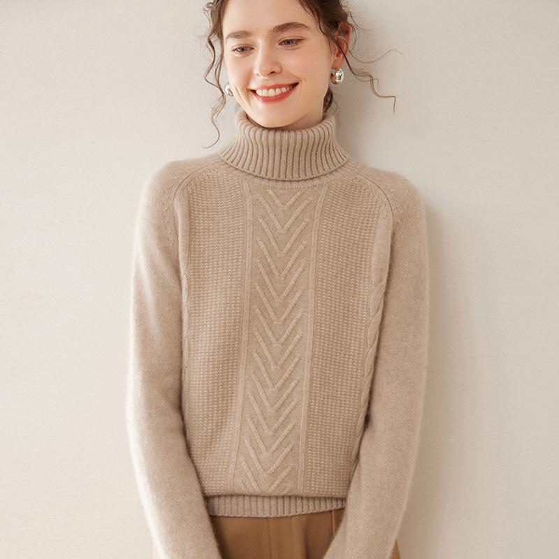 

Женский свитер из экстратолстого кашемира пятиниточной вязки с высоким воротником - рукав реглан, однотонный, свободного кроя для осени/зимы M