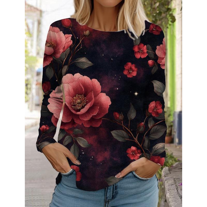 Women's 3d printed flower T-shirt fashion long-sleeved round neck regular tops holiday weekend blue spring and autumn wear