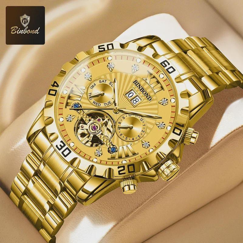 BINBOND Fashion Tourbillon Automatic Watch Men Luxury Skeleton Mechanical Wristwatch Stainless Steel Wristwatches