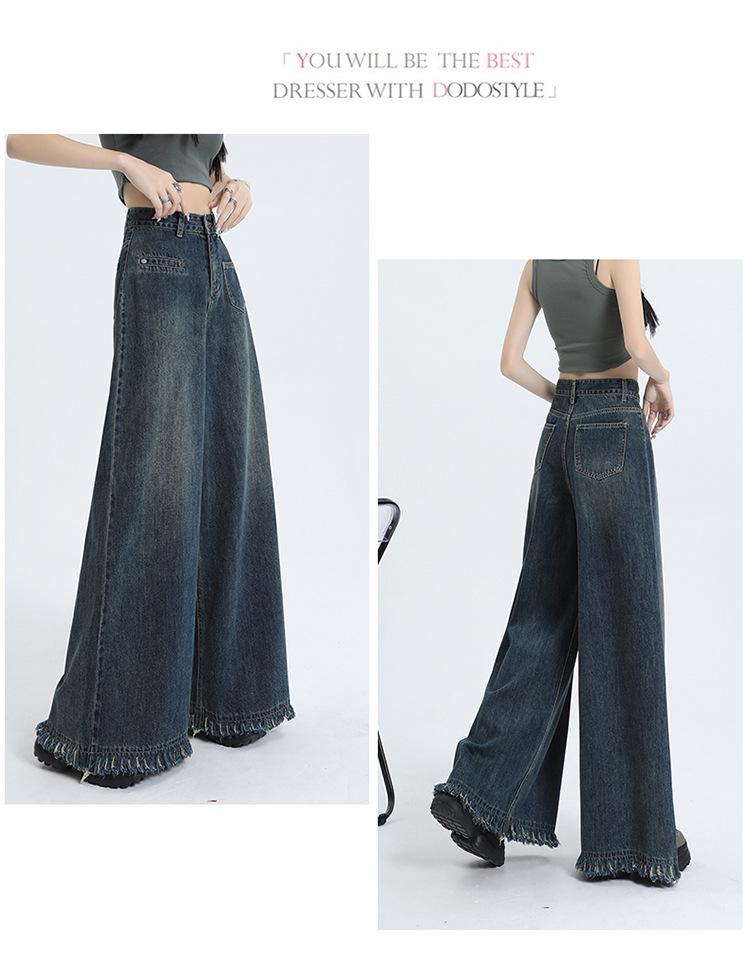 American Raw Edge Wide-Leg High-Waist Jeans for Women - Trendy Floor-Length Straight Pants