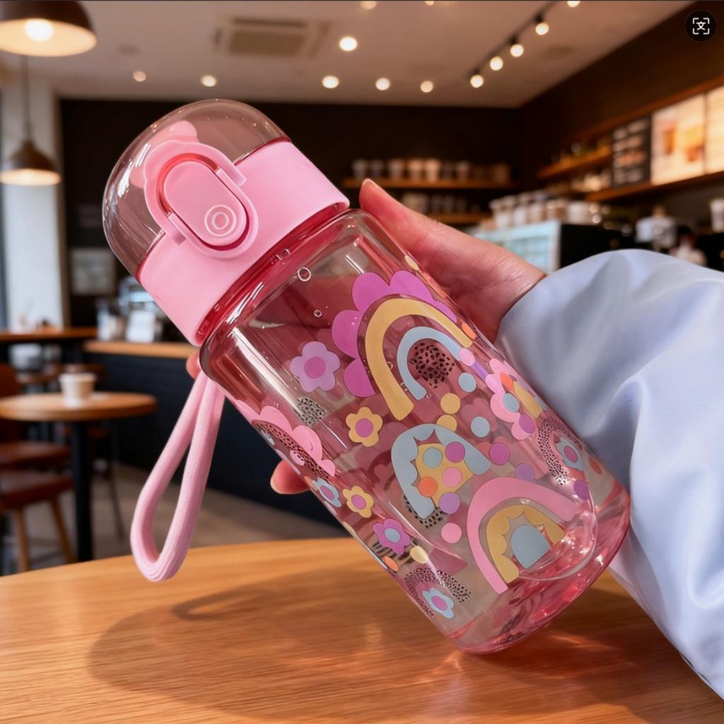 550ML Rainbow Dinosaur Elephant Printed Water Bottle, Fashion Portable Cup with Lanyard, Durable Lightweight Leakproof Large Cap