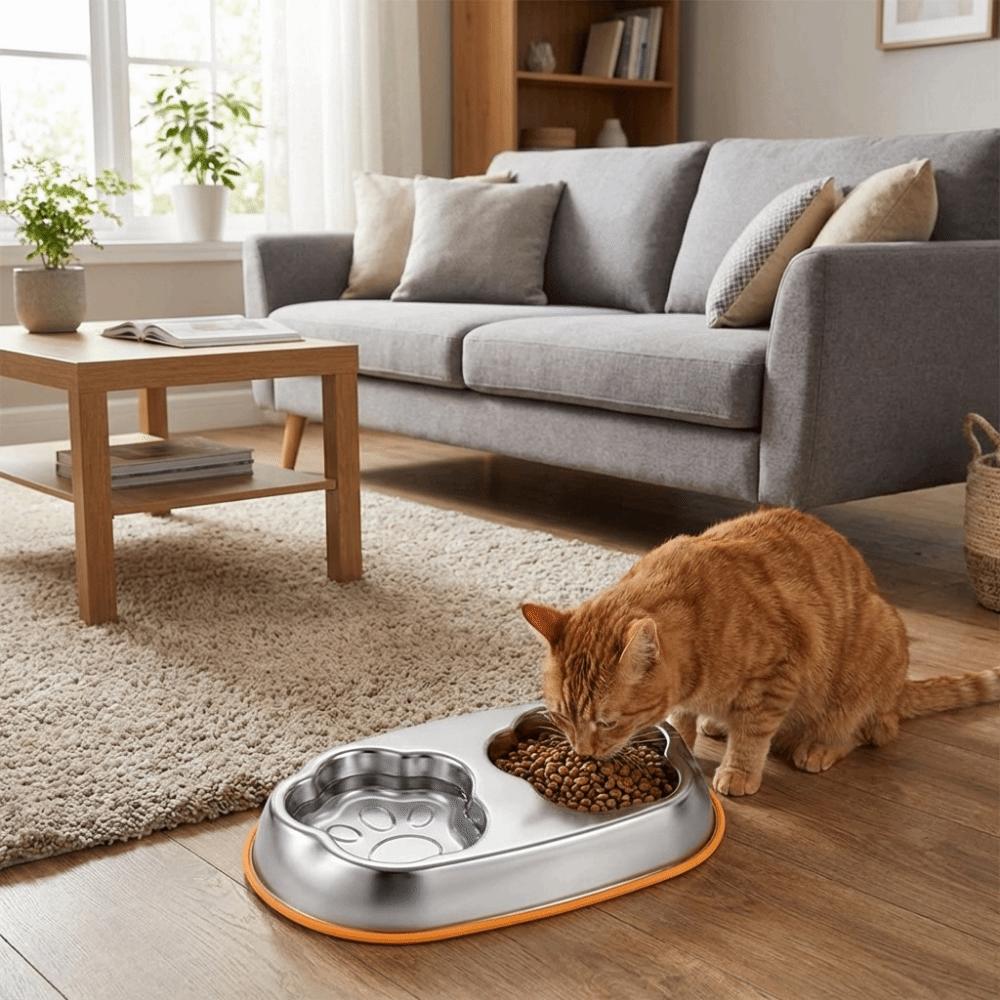 Single/Double Bowl Stainless Steel Cat Bowl Large Capacity Non Slip Pet Water Feeder with Silicone Mat Pet Food Container