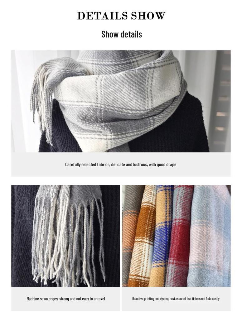 Women's 2024 Korean Style Plaid Snood: Versatile Thick Tassel Shawl for Autumn and Winter