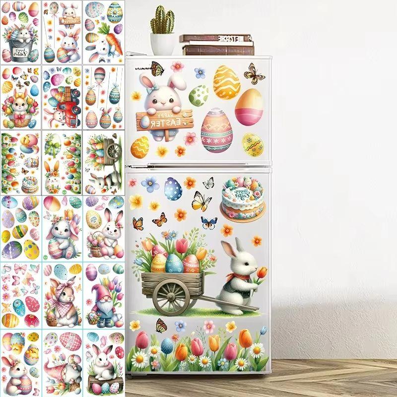 9 Sheets Cute Rabbits Easter Window Stickers PVC Electrostatic Bunny Home Decor Glass Decals Reusable Easter Party Decorations