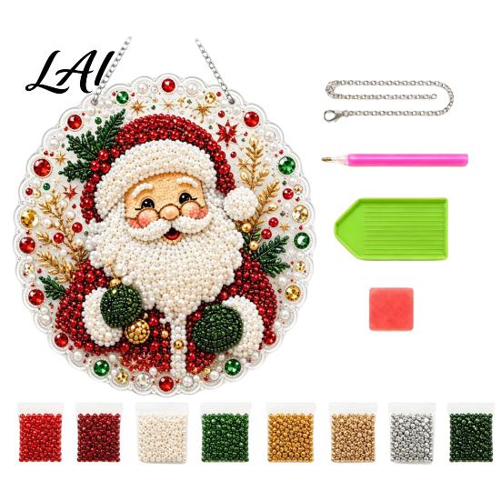 Decorative Ornaments for Garden Christmas DIY Faux Diamond Painting Hanging Santa Wreath Acrylic Pendant Pearl Holiday Celebration Party Supplies