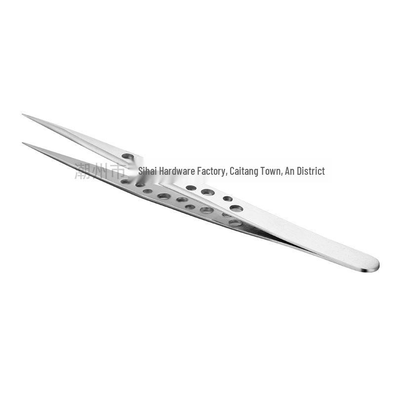 Stainless Steel Precision 9-Hole Tweezers: Bright Polished Pointed Tip for Beauty, Makeup, Nail Art, and False Eyelash Applications