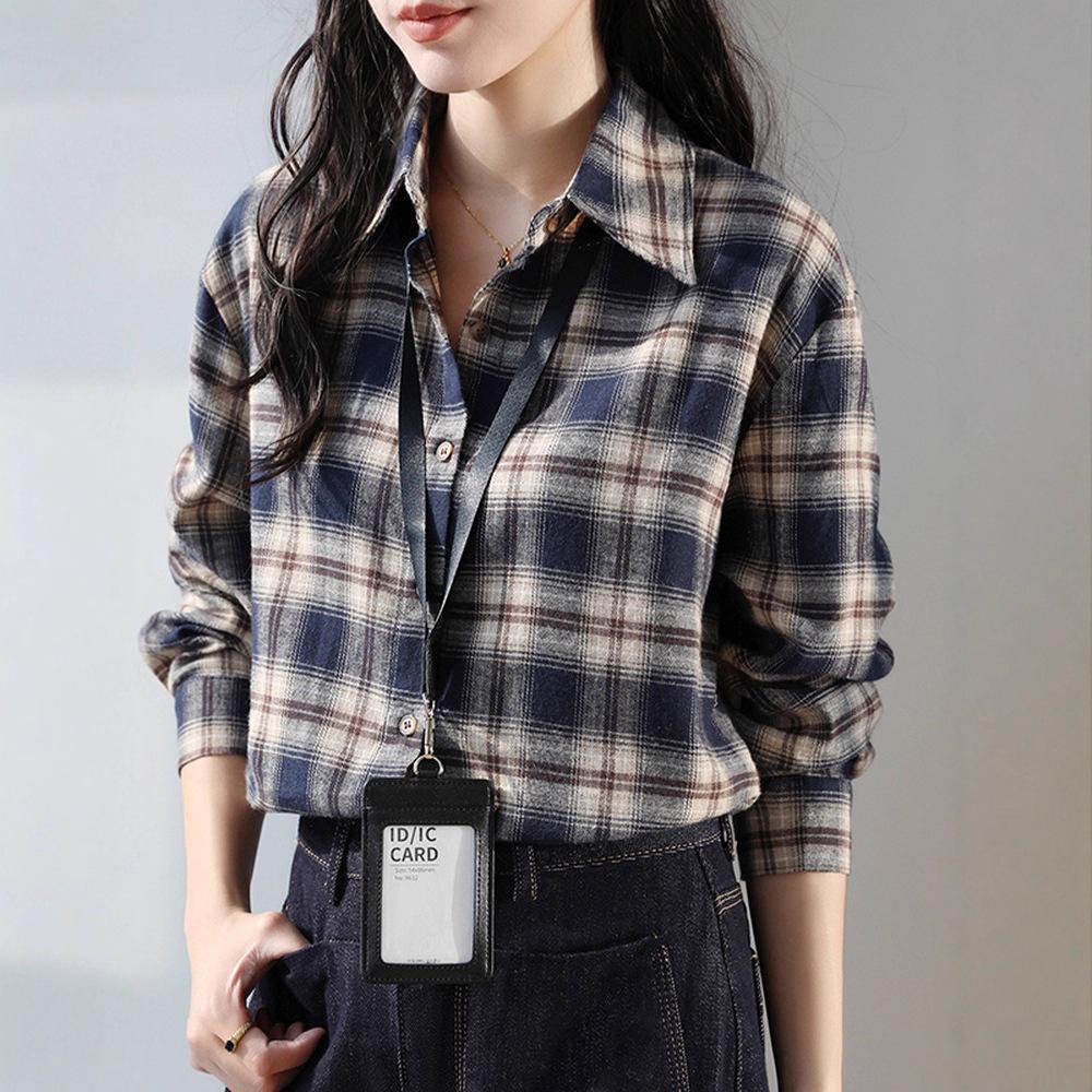 Women's Dark Blue Retro Plaid Shirt Jacket - Autumn/Winter 2025 New Korean Style Long Sleeve Top