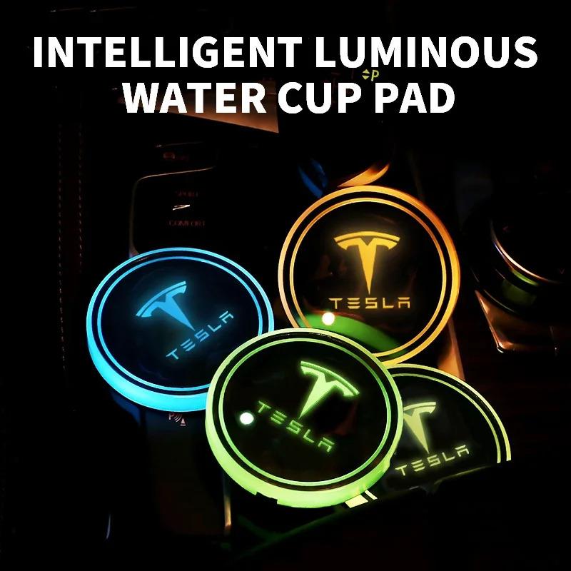 ITZLW1 2Pcs Car LED Coaster Light Water Cup Bottle Holder Interior Mat for Tesla Model 3 Model S Roadster Cybertuck Model X Model Y
