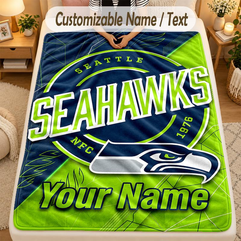 Flannel BlanketSeattle Seahawks Custom Name Text Personalized Soft Warm Throw Blanket Home Decor Gift