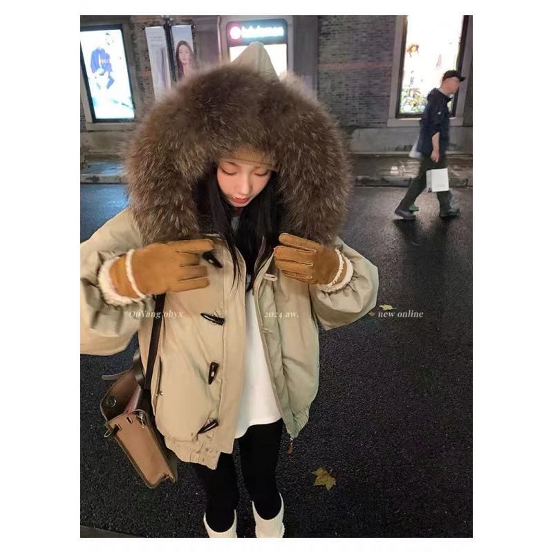 Big fur collar thickened warm versatile horn buckle cotton jacket women's winter loose short hooded tooling pie overcome