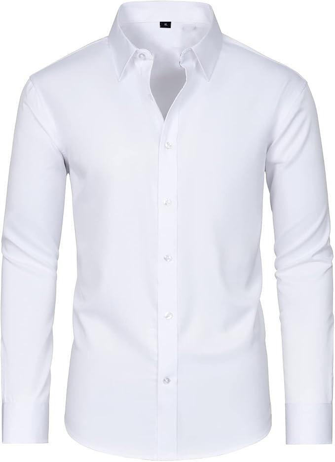 Men's Long Sleeve Solid Color Shirt, 4-Way Stretch, Natural Color Button, Slim Fit, Wrinkle Free, Business Casual Dress Shirt