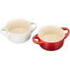 Le Creuset Hitzebeständiges Behälterpaar Petit Cocotte (mit Löffel) Kirschrot Weißer Glanz Kältebeständig Mikrowellengeeignet Hochzeit Braut