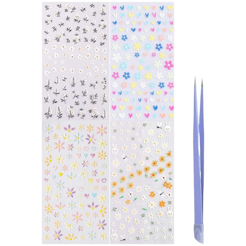 

4 Sheets 5D Flower Nail Stickers Nail Decals Nails Art Decorations Flower Nails Art Stickers with Tweezer for Women Girl 1