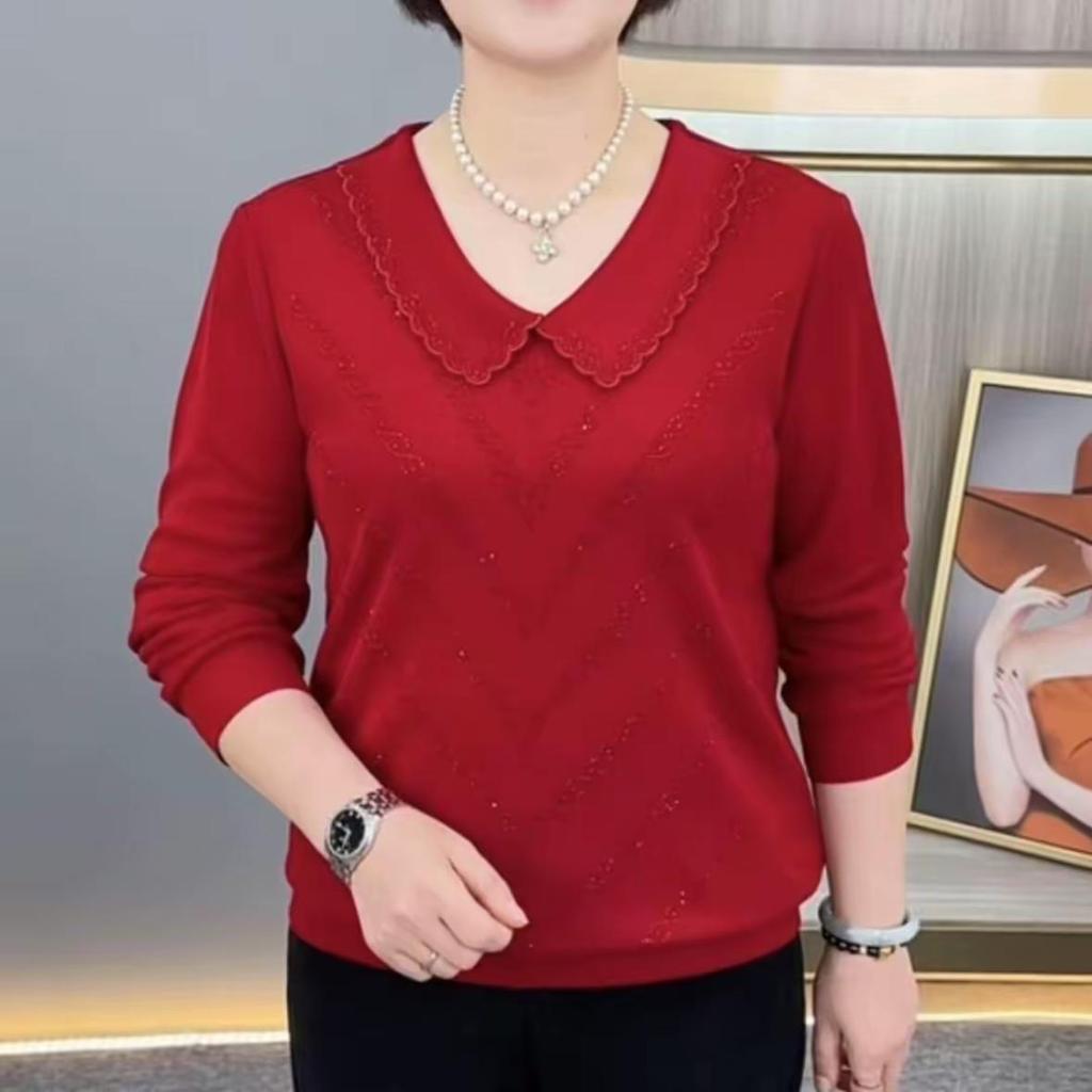Autumn Chic Long-Sleeve Slimming Rhinestone Doll Collar T-Shirt