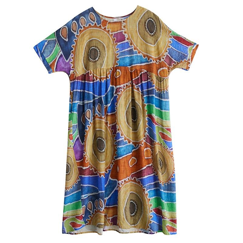 Kurzarm Plus Size Baumwolle Vintage Blumenmuster Neu in Kleidern für Damen lässig locker langes Sommerkleid