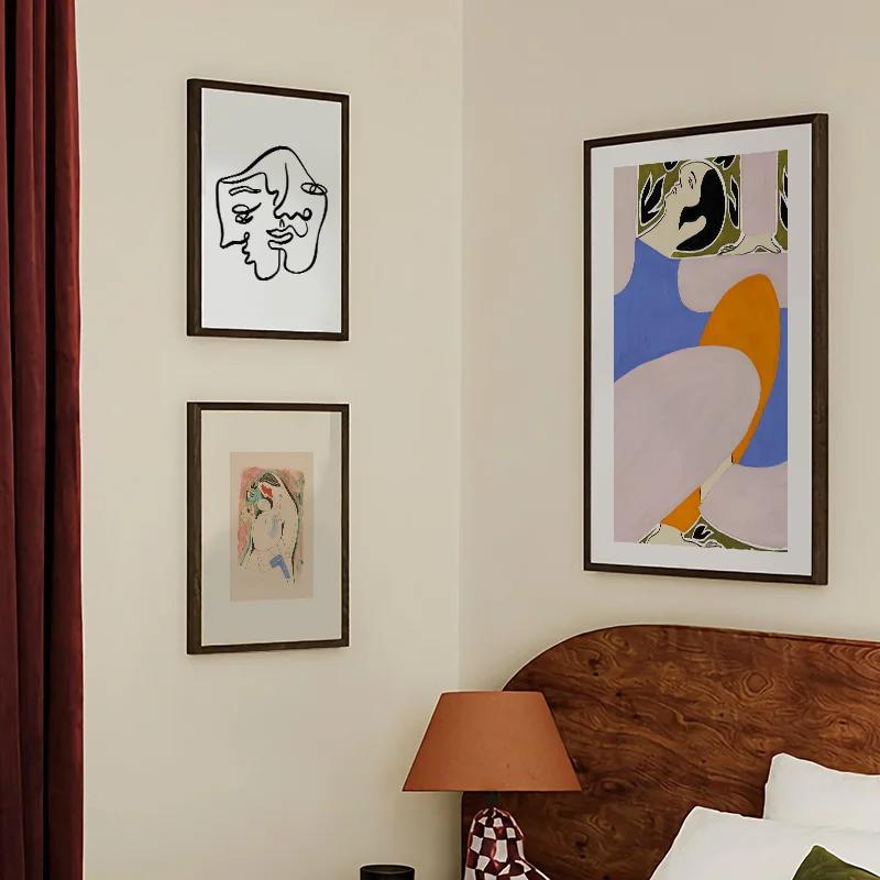 Abstraction-Woman Line Face Flower Leaves Canvas Painting, Color Block Wall Art, Posters and Prints, Pictures for Living Room De