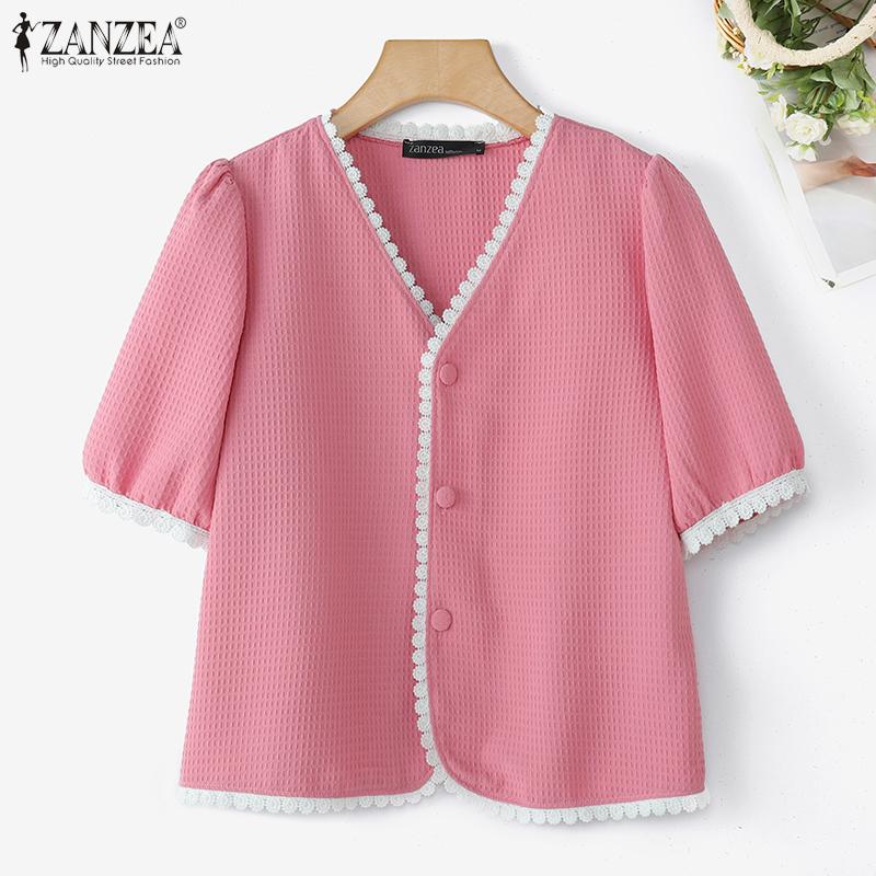 ZANZEA Women Casual Lace Splice V-Neck Summer Half Sleeve Blouse
